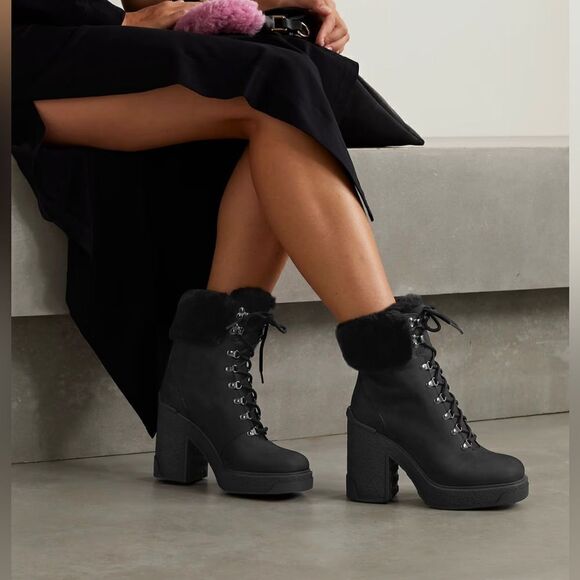 Moncler Claudia faux fur-trimmed nubuck ankle boot size 38 - Picture 2 of 16